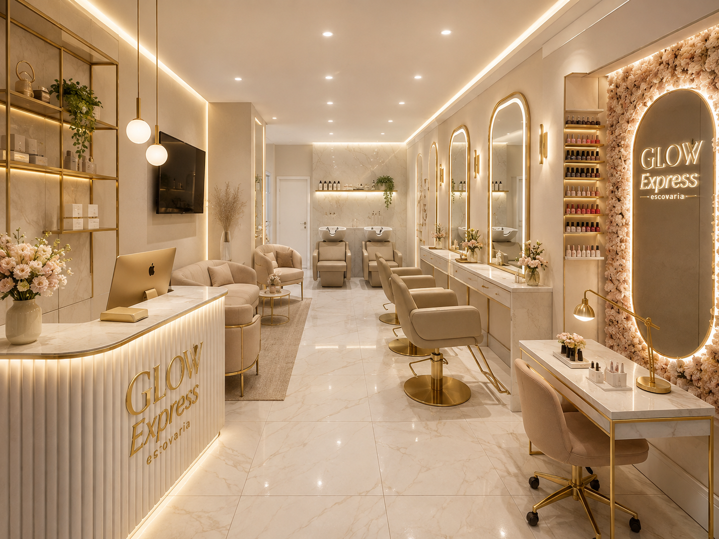 Projeto do interior da Glow Express, com cadeiras claras, espelhos e detalhes dourados